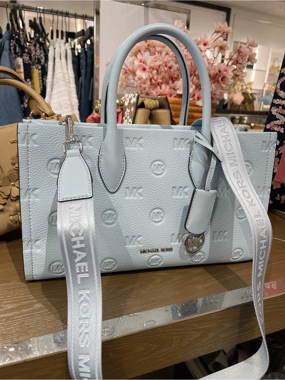 Michael Kors Mirella Md Logo Debossed EW Top Zip Satchel Shouldr Tote Pale Ocean